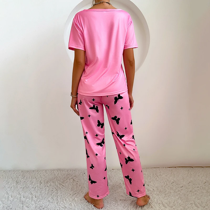 Conjunto de pijama de seda de leche para mujer, ropa de dormir de manga corta y pantalones largos con estampado de dibujos animados, primavera y