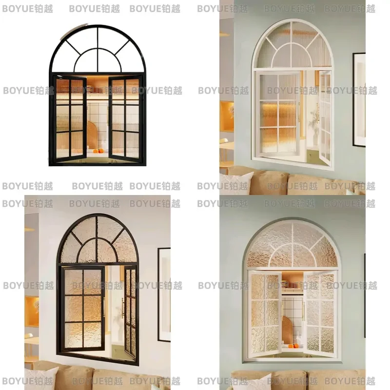 French Retro Arched Glass Window Double Open Indoor Partition Wrought Iron Decorative Door Frame Vintage Style Home Interior