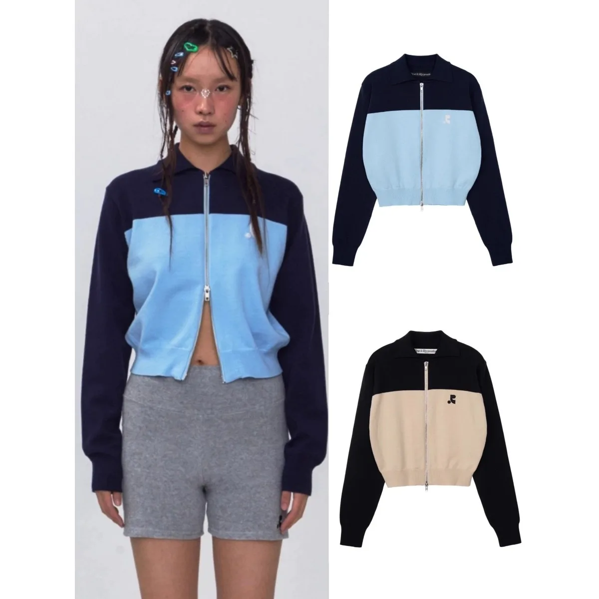 

Rest and Recreation Women's Knit Cardigan Color Block Collar Zipper Front Slim Fit Cropped Sweater for Daily Travel Wear