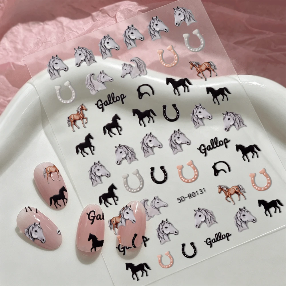 5D Embossed Horse Nail Stickers Western Cowboy Horse Head Horseshoe Gallop Letter Nail Decals Animal Horse DIY Manicure Decor
