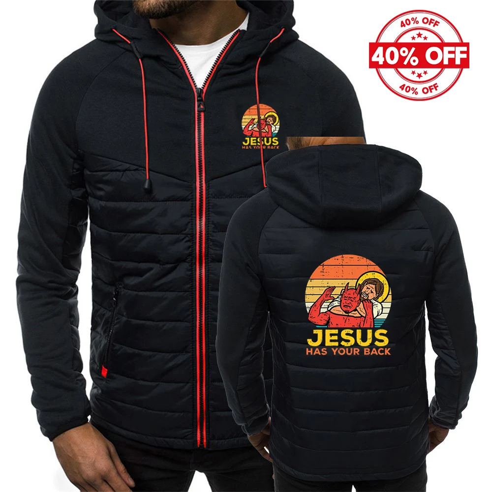 سترة رجالية بغطاء للرأس بألوان متباينة لعام 2025 سترة رجالية لربيع وخريف يسوع لديها ظهرك جيو جيتسو شعار مسيحي عتيق مطبوع معطف من النوع الجديد #2