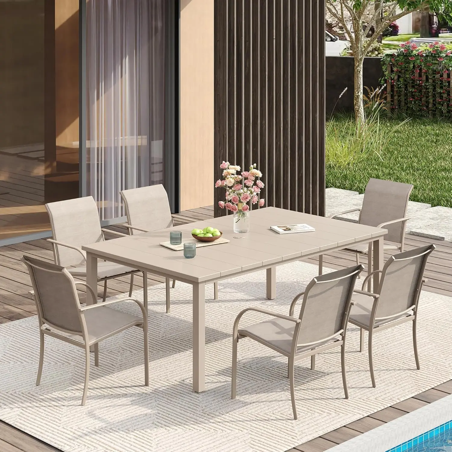 

Patio Dining Set for 6, Outdoor Furniture Set Includes 63" Rectangle Patio Table and 6 Patio Sling Chairs, Outdoor, Customized