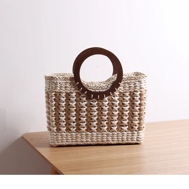 

Handmade Woven Beach Bag Round Handle Women Handbag Summer Travel Straw Bags for Women Tote Basket Bag Stiped Shopper Purses NEW