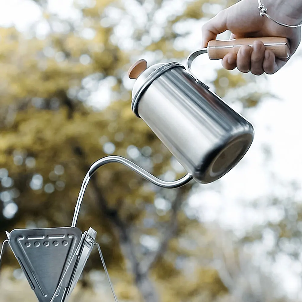 

1pc Stainless Steel Gooseneck Kettle Outdoor Camping Coffee Pot Fine Mouth Lightweight Portable Hot Water Tea Pot Wood Handle