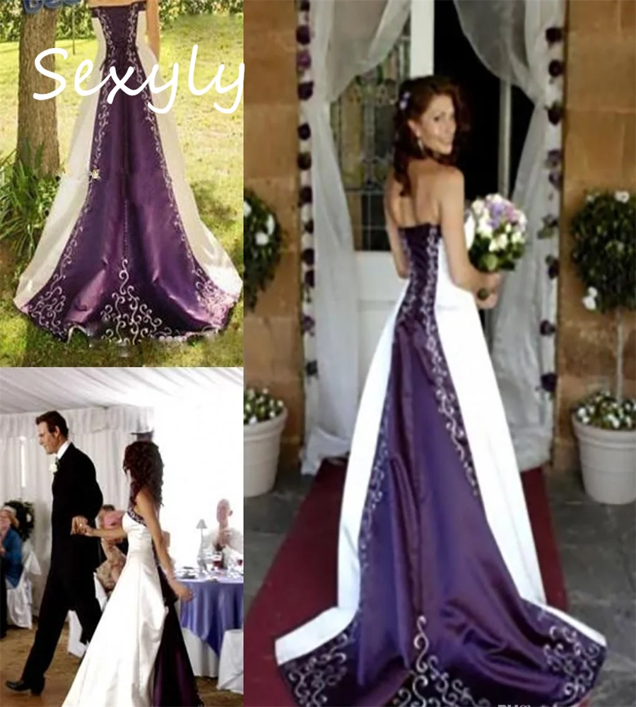 Robe de Mariée Brodée Violette, Style Gothique Rétro, Sans Bretelles, Corset en Satin Doux, Style Médiéval, Personnalisée