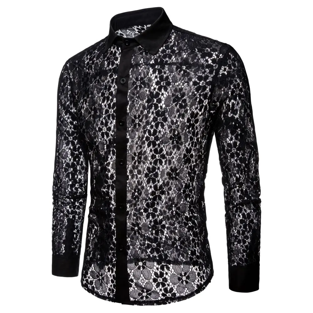 Men's Long-Sleeved Shirt Sexy Lace Cutout Button Men's Wear Night Club Saloon Stage Performance Sexy Men's Long-Sleeved Shirt