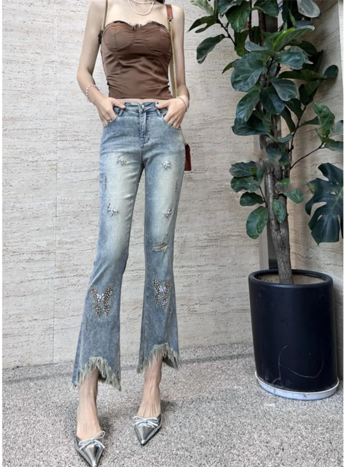 

Heavy Embroidery Hem Jeans Cotton Stretch High Waist Micro Flare Nine Point Summer Jeans Women's Fashion Trend