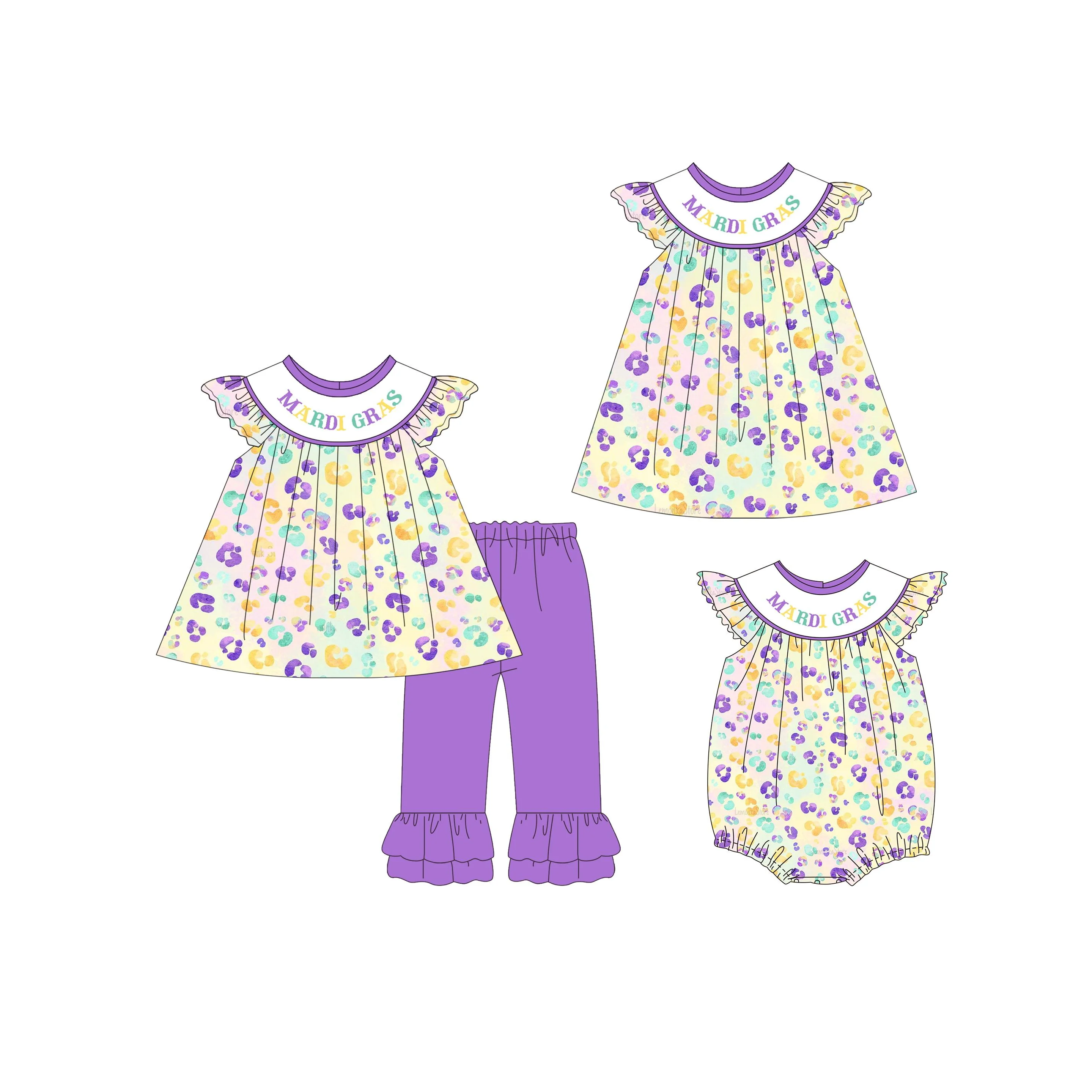 Toddler Girls Mardi Gras Leopard Print Outfit Dress/Romper/2-Piece Set Purple Boutique Casual Wear