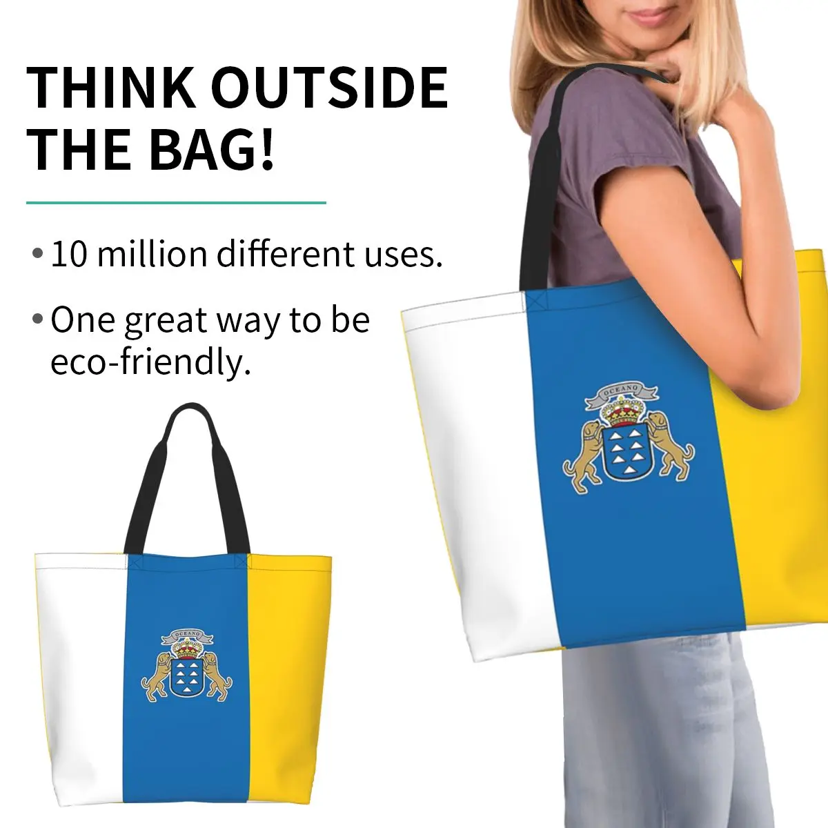 Bolso de compras con bandera de España, Oceano, Islas Canarias, bolso de lona de gran capacidad, bolso de hombro, bolso de compras para mujer