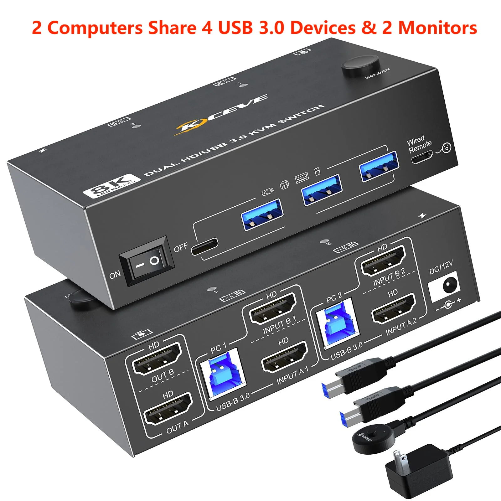 

KCEVE KVM Switch 8K 60Hz 2 HDMI-Compatible USB 3.0 Hub Splitter Docking Station Switch Selector Computers Share Keyboard Monitor