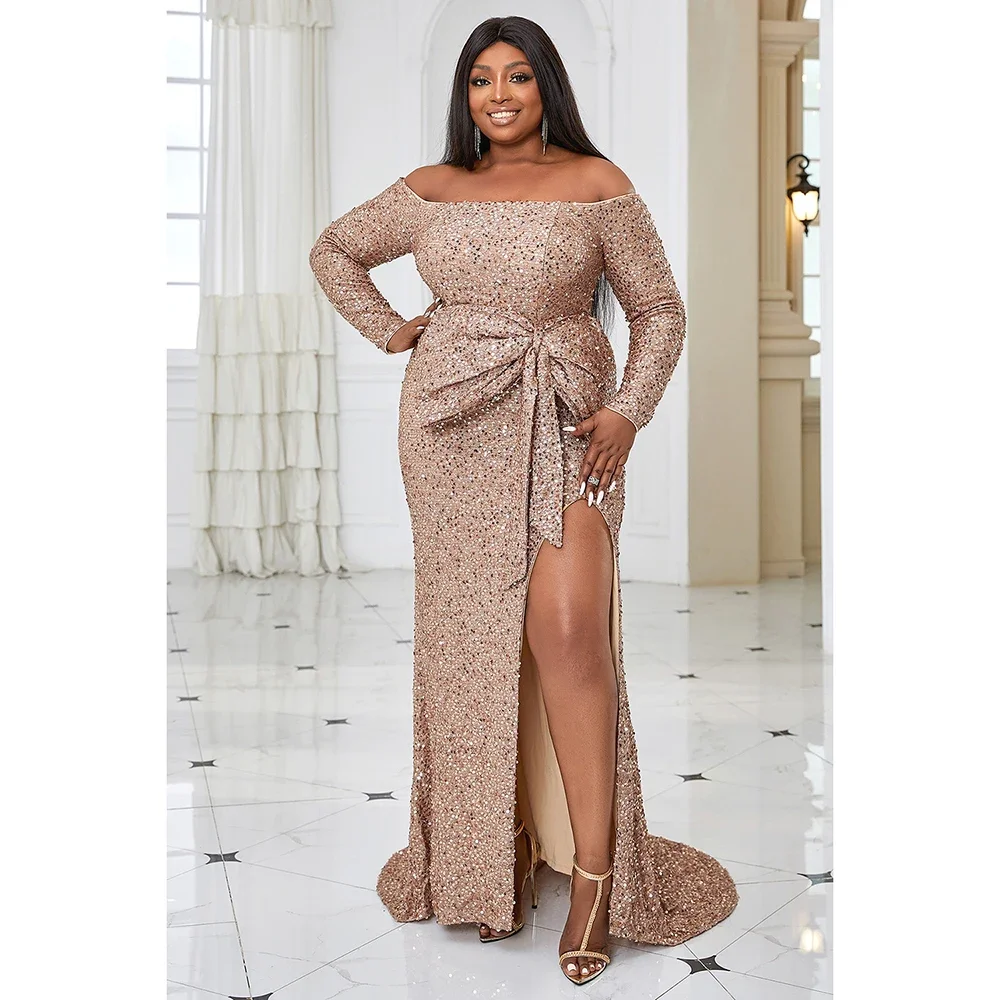 Plus Size Apricot Prom Sequin Off The Shoulder Party Dress Long Sleeve Bow High Split Maxi Dresses