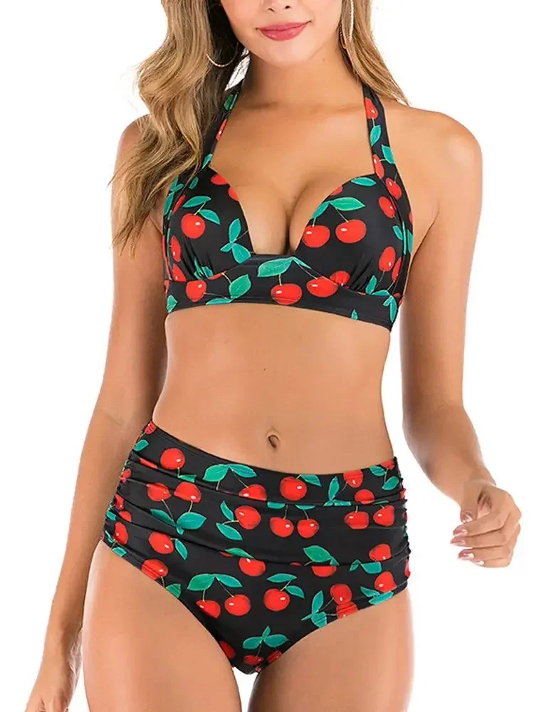 

Cherry Print High Waist Bikini 2025 Push Up Swimsuit Women Swimwear Female Halter Bathing Suit Vintage Swimming Suit Biquini