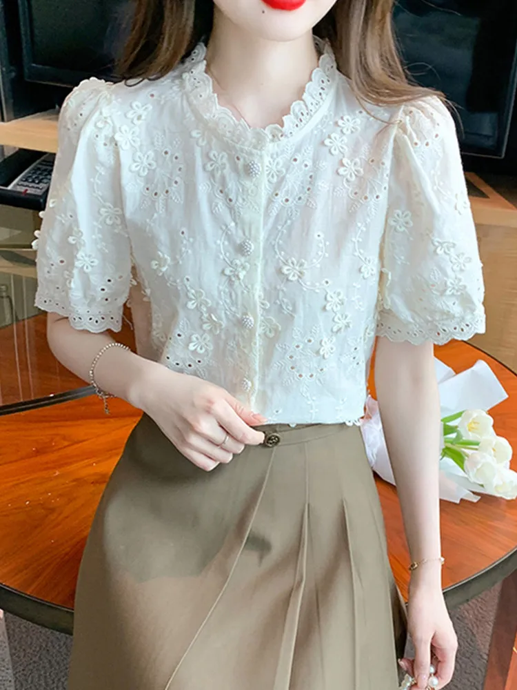 SMTHMA New Arrival French Sweet Short Sleeve Lace Embroidery Flower Shirt For Women Summer Single Breasted Top Female Clothing