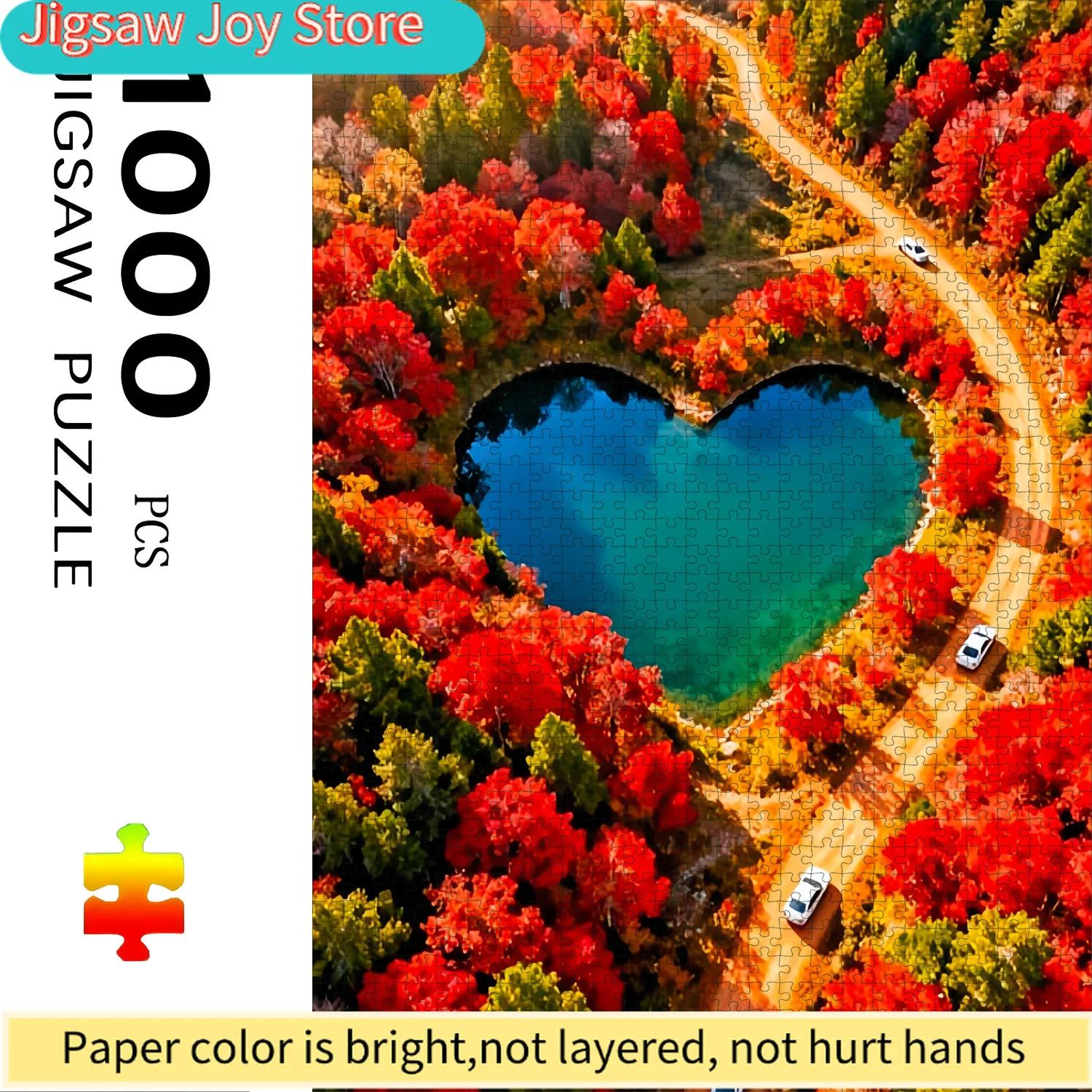 

A Set of 1000pcs Jigsaw Puzzle - Featuring a Natural Scenery Pattern of a Heart-shaped Lake and Red Leaf Forest. Vibrant Color