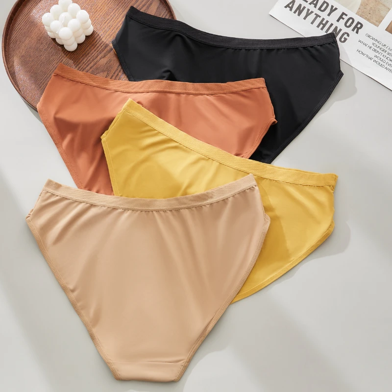 4pcs High waist plus size solid color women's ice silk underwear with silky sexy touch, seamless comfortable, breathable loose