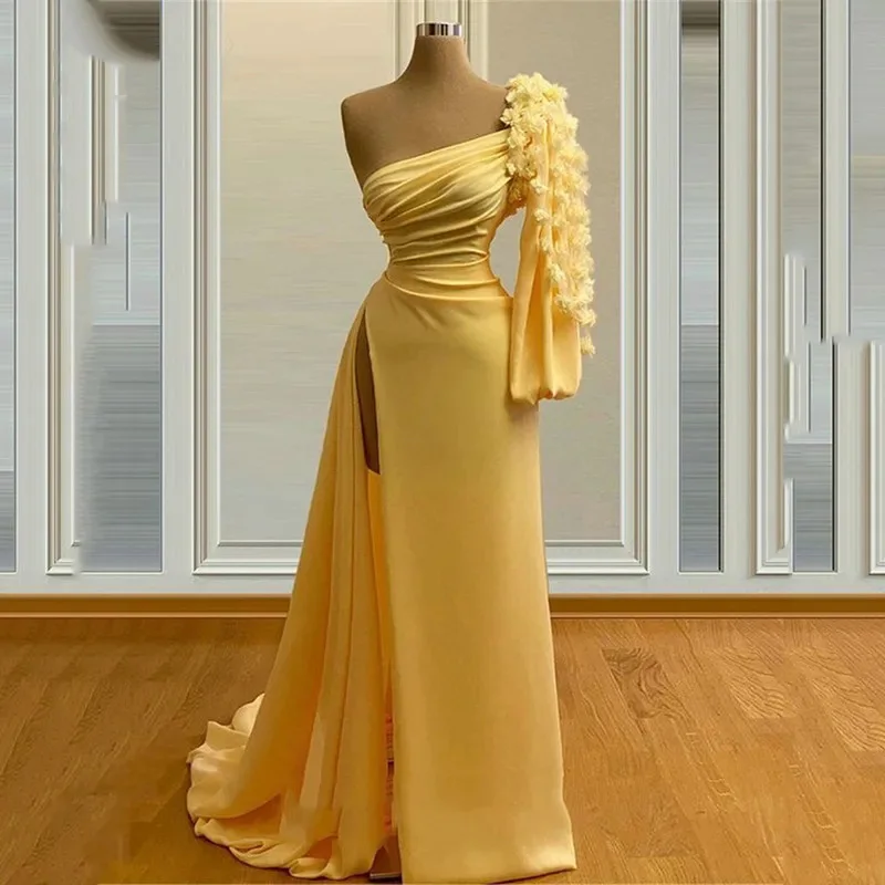 

Elegant Yellow Evening Dresses Saudi Arabia One Shoulder Long Puffy Sleeve Party Gowns Robe De Soirée Side Split Prom Dress 2024