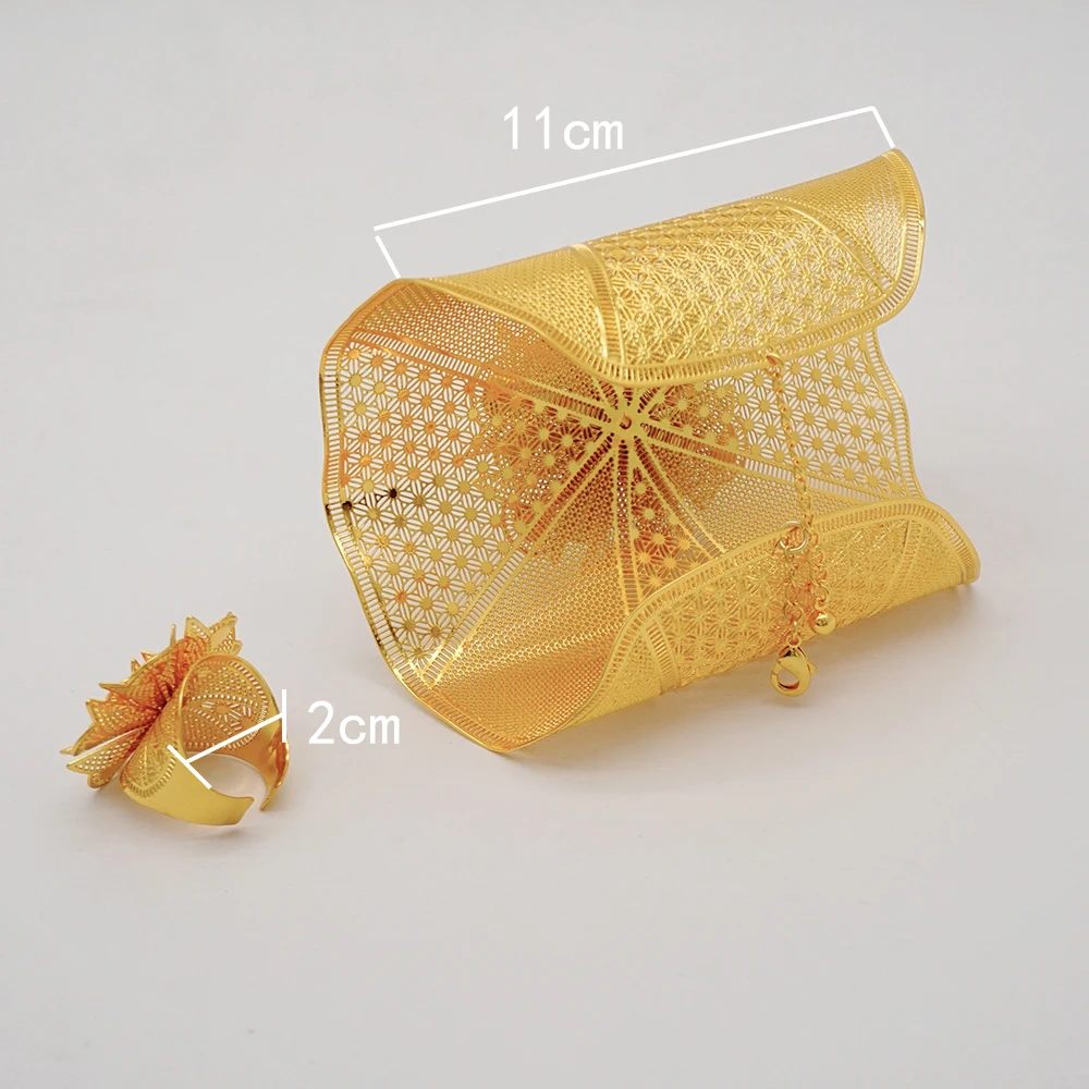 France Luxury Chain Cuff Bangle & Ring For Women Dubai Gold Color Indian Moroccan Big Bracelet Jewelry Arabic African Wedding