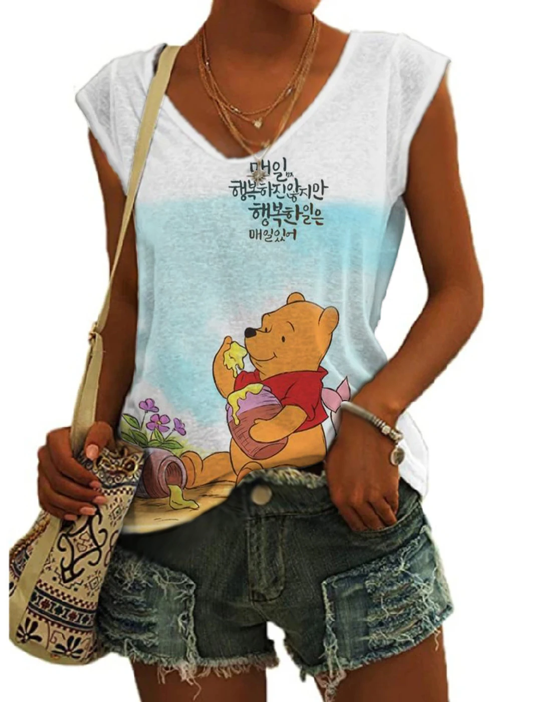 New Winnie the Pooh Cartoon Printed Women's Sleeveless Tank Top 2024 Summer Harajuku Street Slimming V-neck Fashion Casual Top