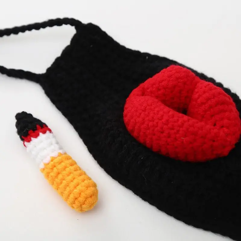 Teasing, funny, big mouth, red lips, funny, smoking, knitting, warm knitting, hand woven sausage mouth mask