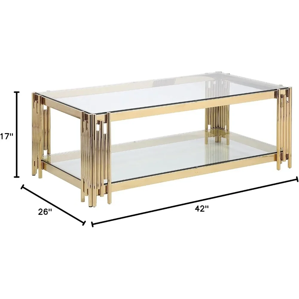 Mesa de centro de vidrio dorado, mesa de té Rectangular con tapa de vidrio y patas doradas de acero inoxidable, mesa de centro, 48"