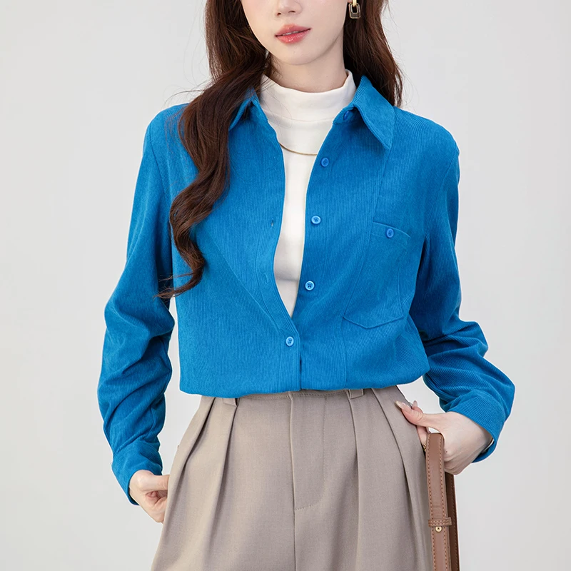 Autumn Winter Vintage Corduroy Women's Blue Blouses One Pocket Single Breasted Office Casual Loose Shirts Tops Female 2025 New