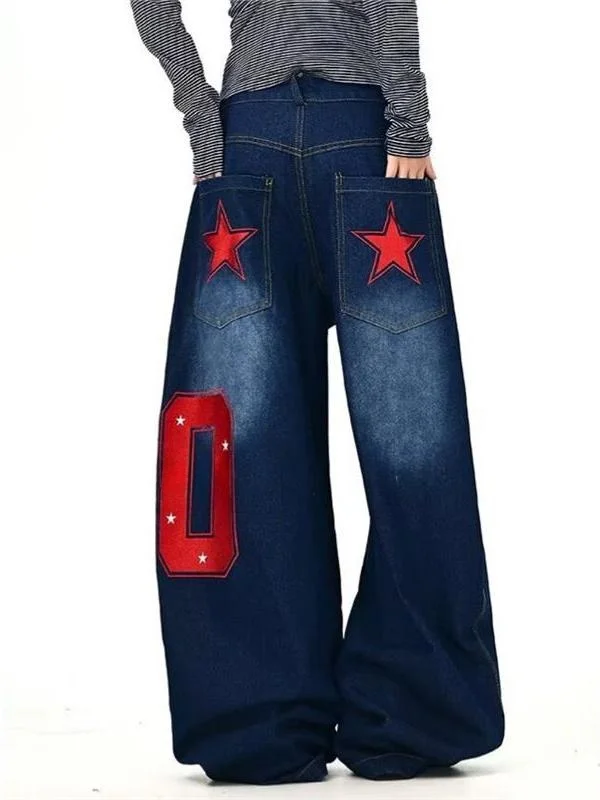 

Fashionable Loose Denim Long Trousers with Embroidery Design Retro Spicy Girl Style High Waist Casual Jeans for Women