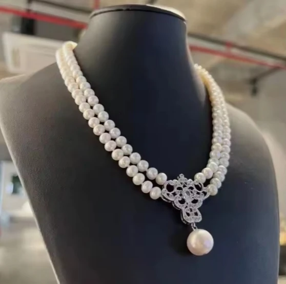 Fashionable Natural Two Strand 7-8mm South Sea White Pearl Necklace Pendant 925s Sterling Silver Jewelry for Women