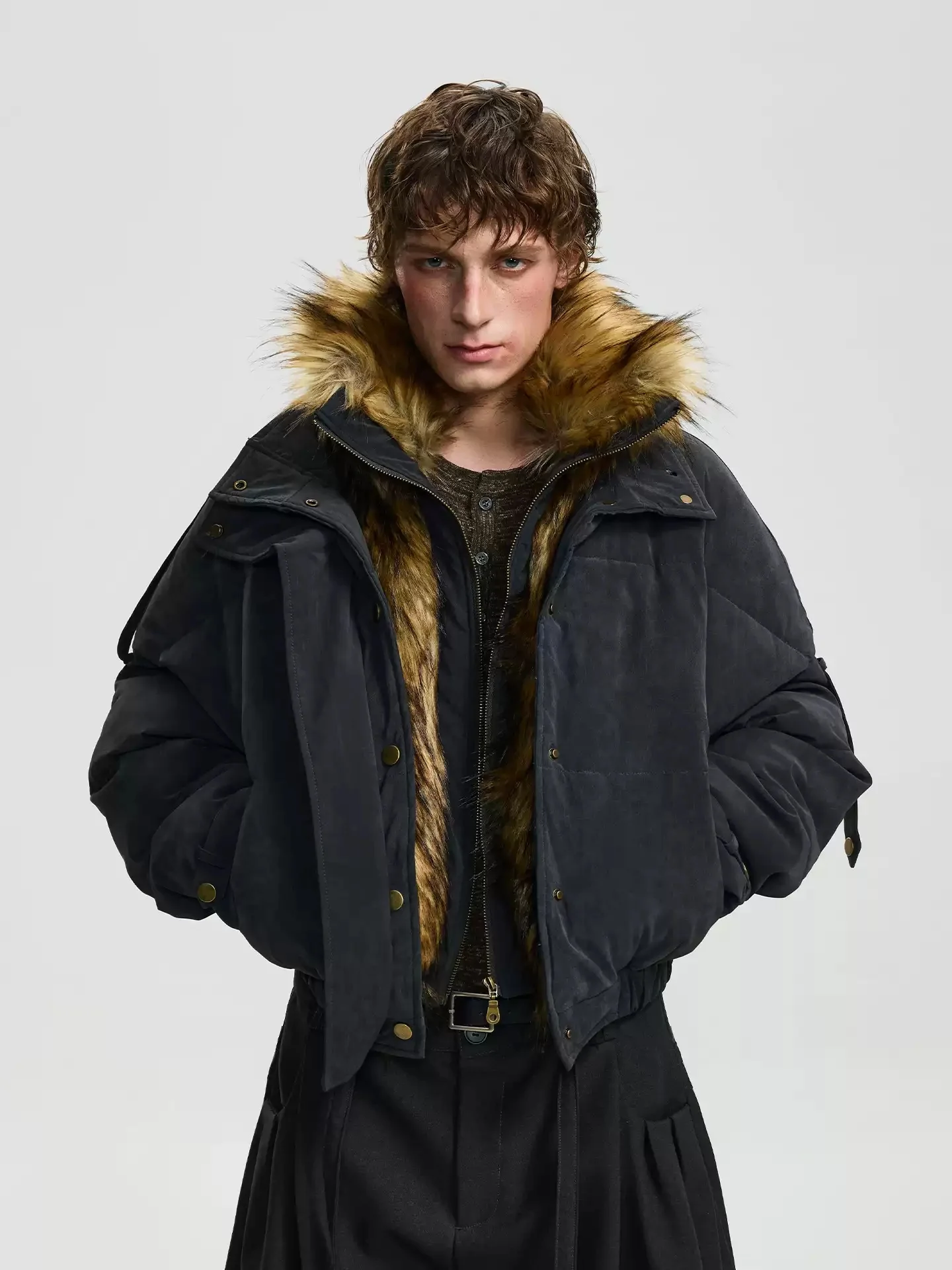 

Американское ретро стиральное искусственное пальто из двух предметов с воротником-стойкой и горной резьбой, стеганое пальто, куртка-бомбер, мужское свободное пальто с меховым воротником