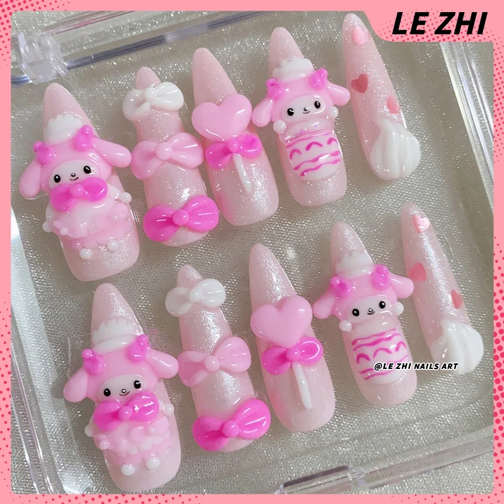 Kawaii 3D Doll Handmade Cute Press On Nails Art Hello Kitty Cinnamoroll Mymelody Kuromi Pochacco Cosplay Custom Party Sticker