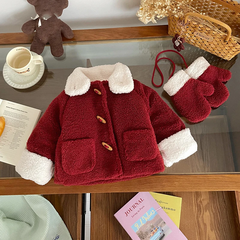 Christmas Girls Velvet Warm Red Cotton Coat Autumn Winter New Kids Thickened Horn Buckle Loose Outerwear Send Gloves