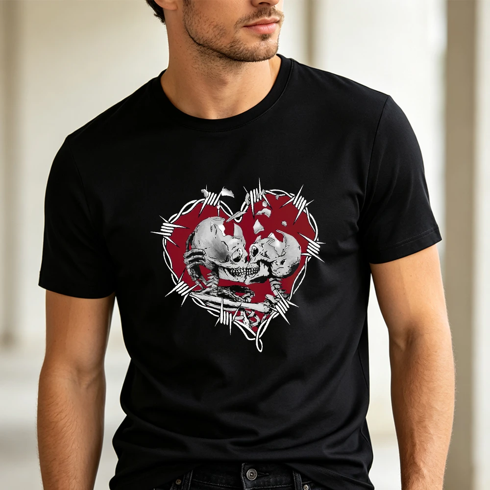Barbed Wire Heart Kissing Skulls T Shirt Men Gothic Romance Dark Art Print Tee Black Edgy Top Halloween Party Outfit