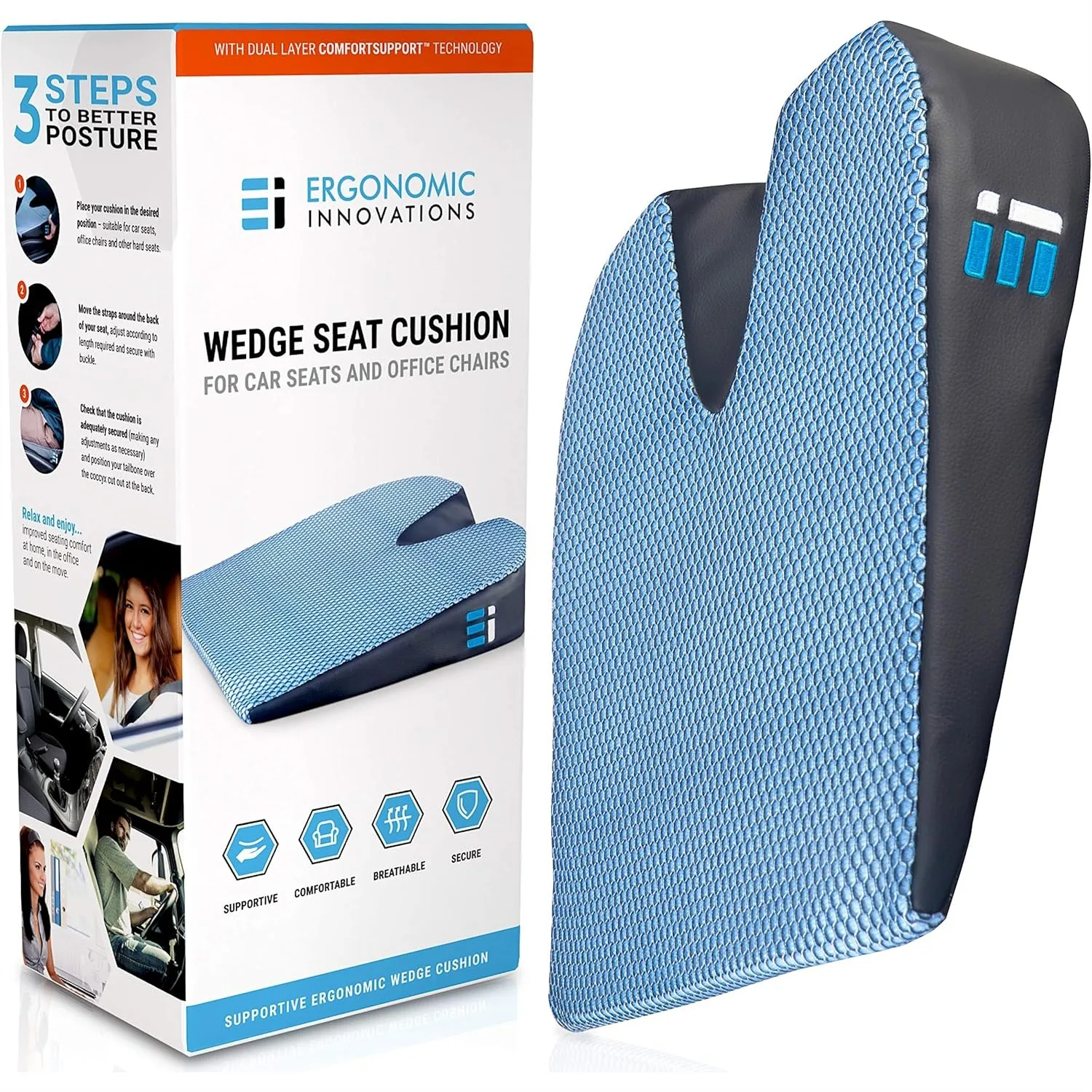

Wedge Car Seat Cushion for Sciatica Pain Relief, Ergonomic Memory Foam Driving Pillow for Back & Hip Support, Non-Slip Car Seat