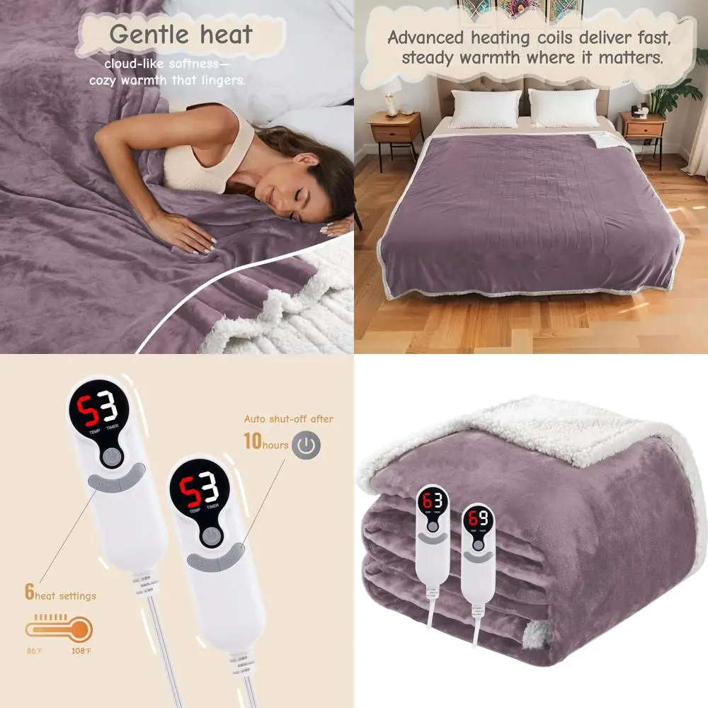 

Queen Size Electric Blanket 84x90, Purple Flannel, Dual Controls, 6 Heat Levels, 10-Hour Timer, Overheat Protection