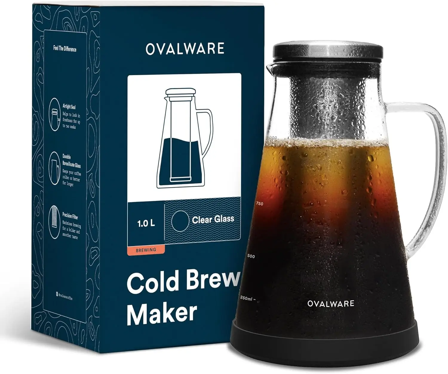 

Airtight Cold Brew Iced Coffee Maker Pitcher and Tea Infuser with Spout - 1.0L / 34oz RJ3 Brewing Glass Carafe with Removable