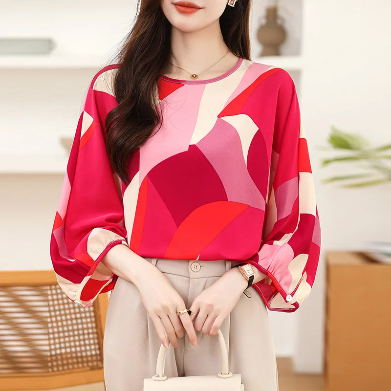 Spring Summer Fashion All-match Three Quarter Chiffon Blouse Women Casual Loose O-neck Printing Shirts Elegant Chic Tops