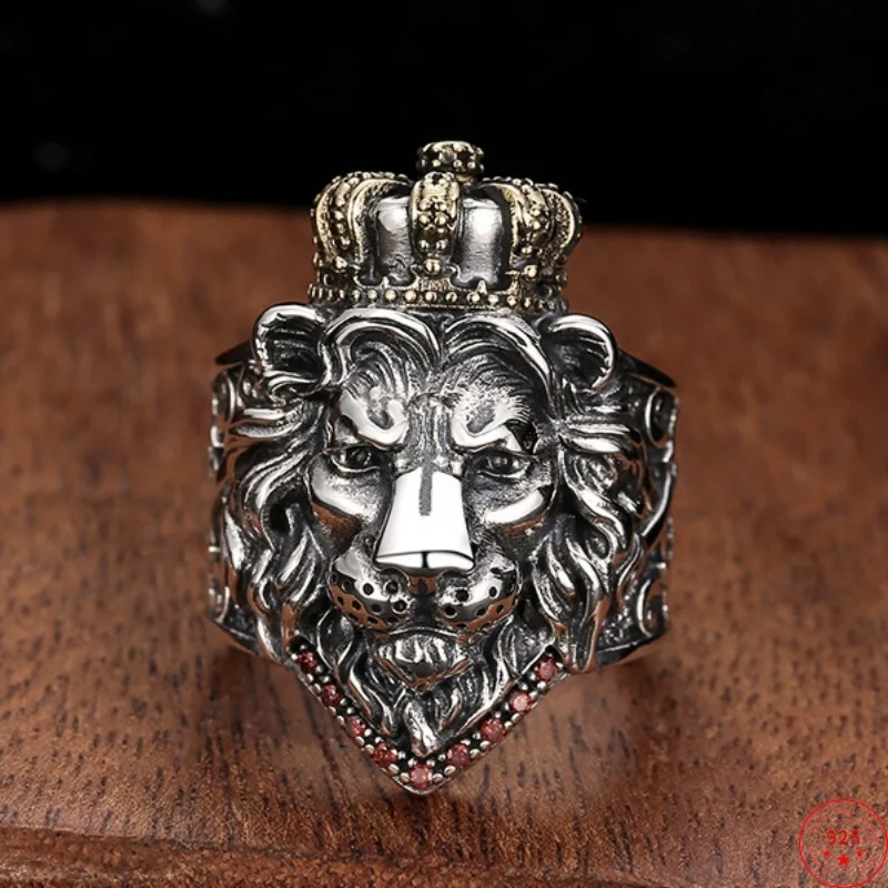 

Genuine S925 Sterling Silver Rings for Men New Fashion Relief Ancient Totem Lion Head Inlaid Zircon Punk Jewelry Wholesale