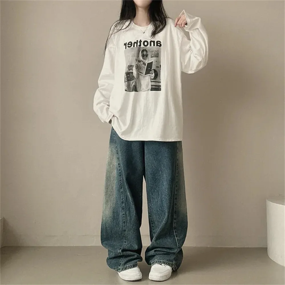 Women Fashion Rap Vintage Design Tees 2024 Streetwear Cotton Loose Autumn T-shirt Hip Hop O Neck Top Oversized T Shirt