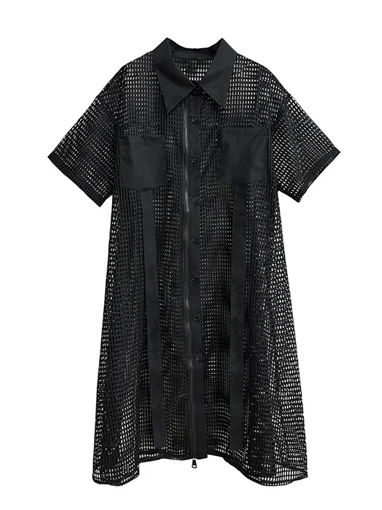 XITAO-vestido camisero con perspectiva calada, cuello vuelto, manga corta, bolsillos empalmados, moda de verano, nuevo vestido para mujer LYD1765