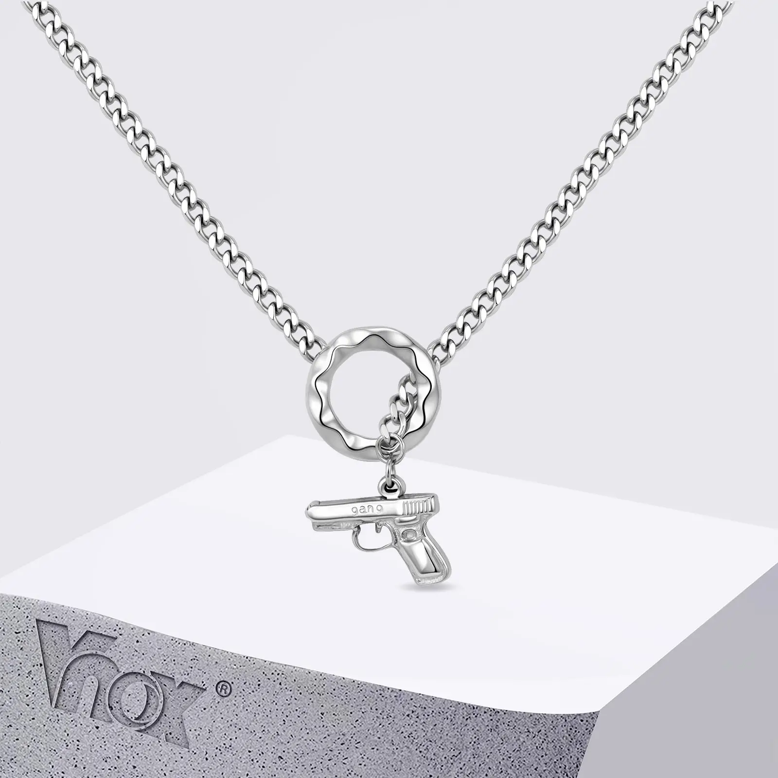 Vnox Personality Men's Pistol Pendant Necklace, Silver Color Stainless Steel Link Chain, Hip Hop Rock Gun Necklace for Teen Boys