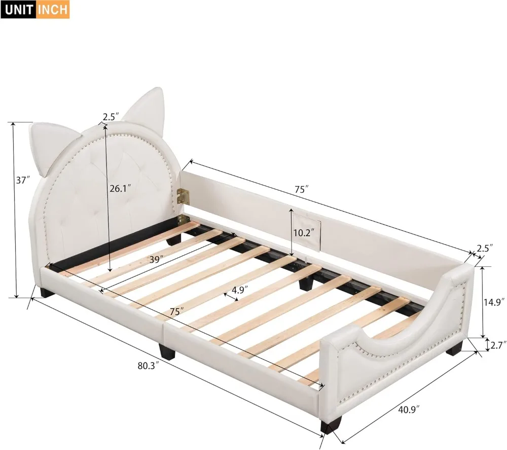 Sofá cama capitoné tapizado de cuero con cabecera en forma de orejas de cartón, marco de sofá cama de capitán de perfil bajo de tamaño doble de madera