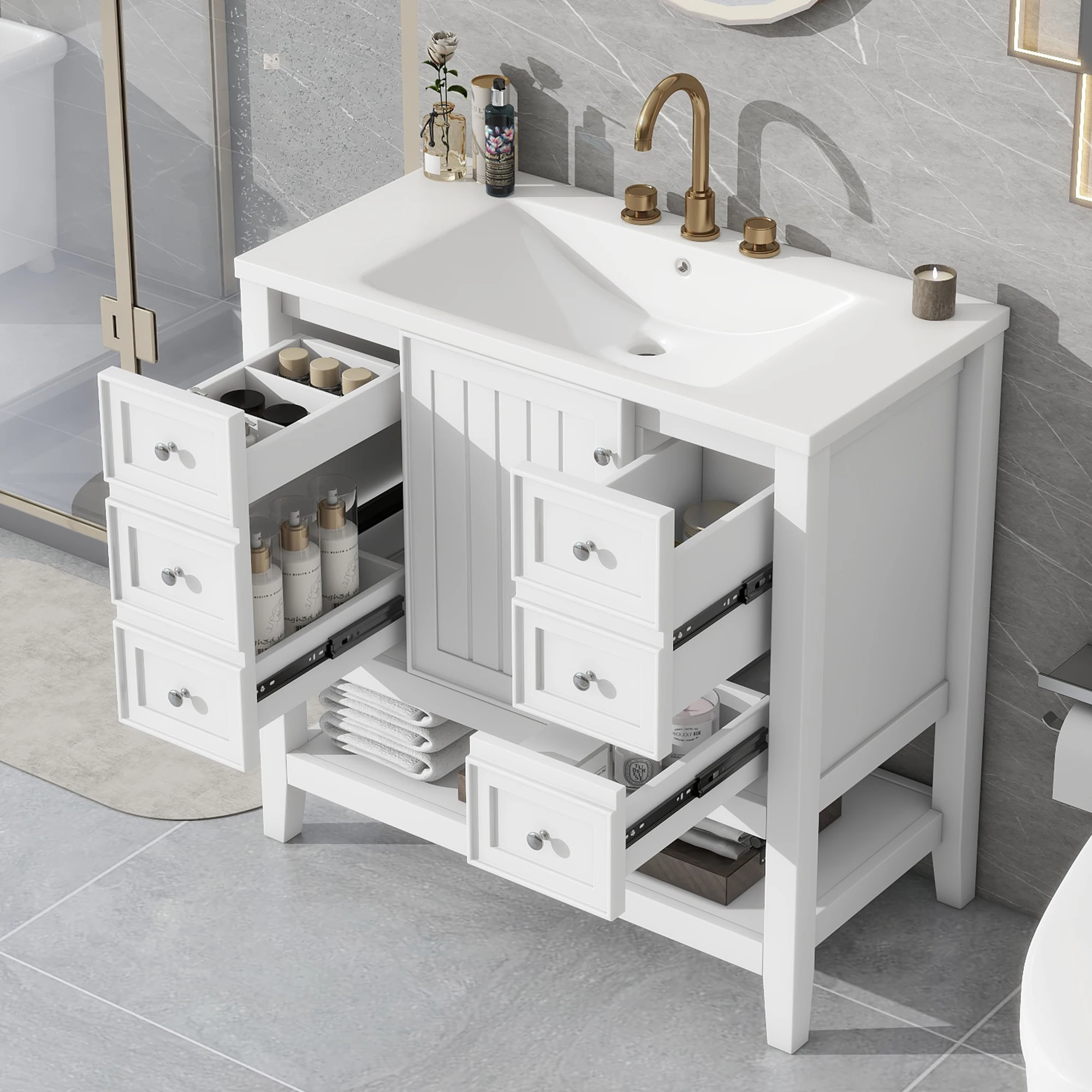 Vanity da bagno da 36" con lavabo, set da lavabo singolo autoportante con anta a chiusura morbida e 3 cassetti, tavolo da bagno
