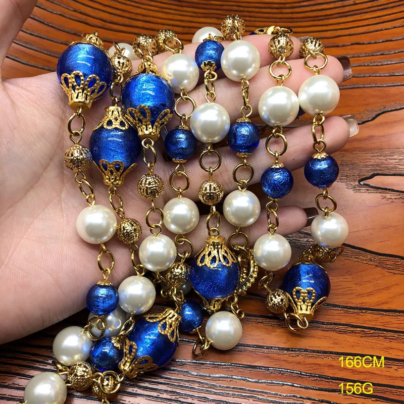 Retro blue glass pearl long sweater chain can be wrapped necklace temperament versatile women jewelry
