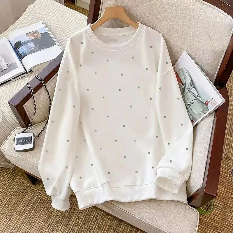 Autumn Fashion Diamond Women Sweatshirt Casual Loose Heavy Industry 3XL Long Sleeve Plush Warm Pullovers Female Basic Tops Tees