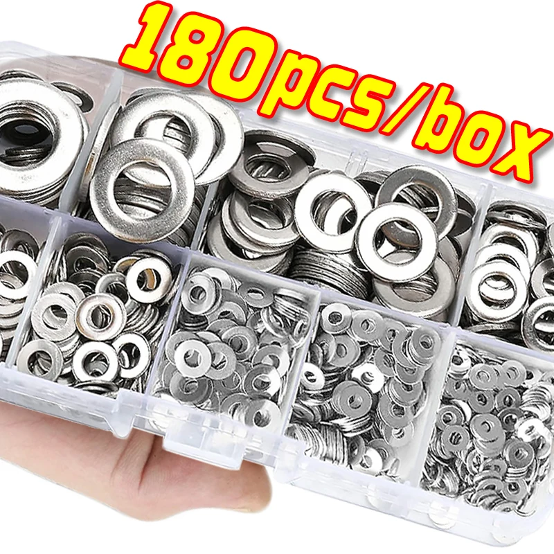 304 aço inoxidável plana arruela grommets, conjunto de gaxeta de metal, anel-O, M2, M2.5, M3, M4, M5, M6, M8, M10, sortimento Kits, 180pcs por caixa