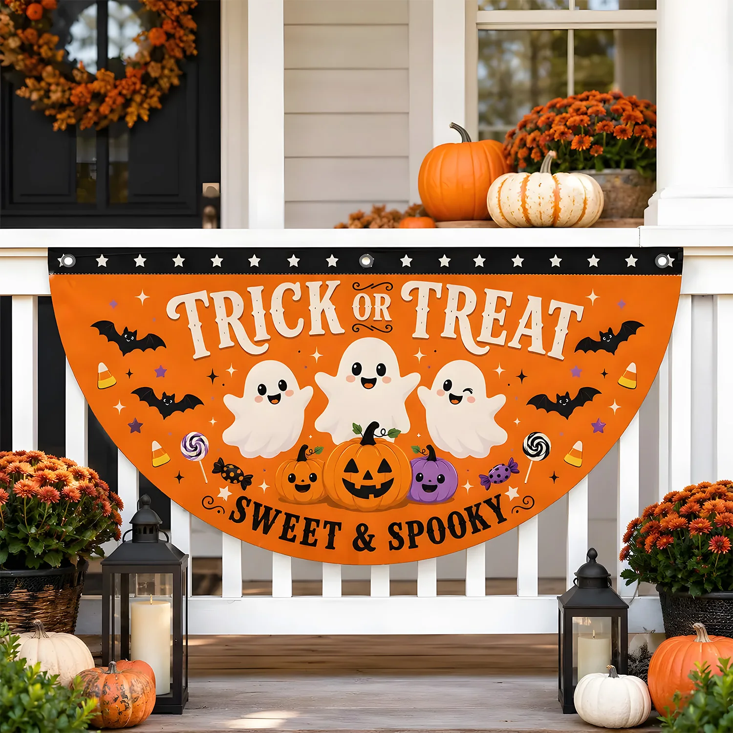 Trick or Treat Halloween Halbmond-Fanbanner, niedliches Geister-Kürbis-Fledermaus-Design, gruselige Hängeflagge für Tür, Garten, Zuhause, Dekoration – Detail 3