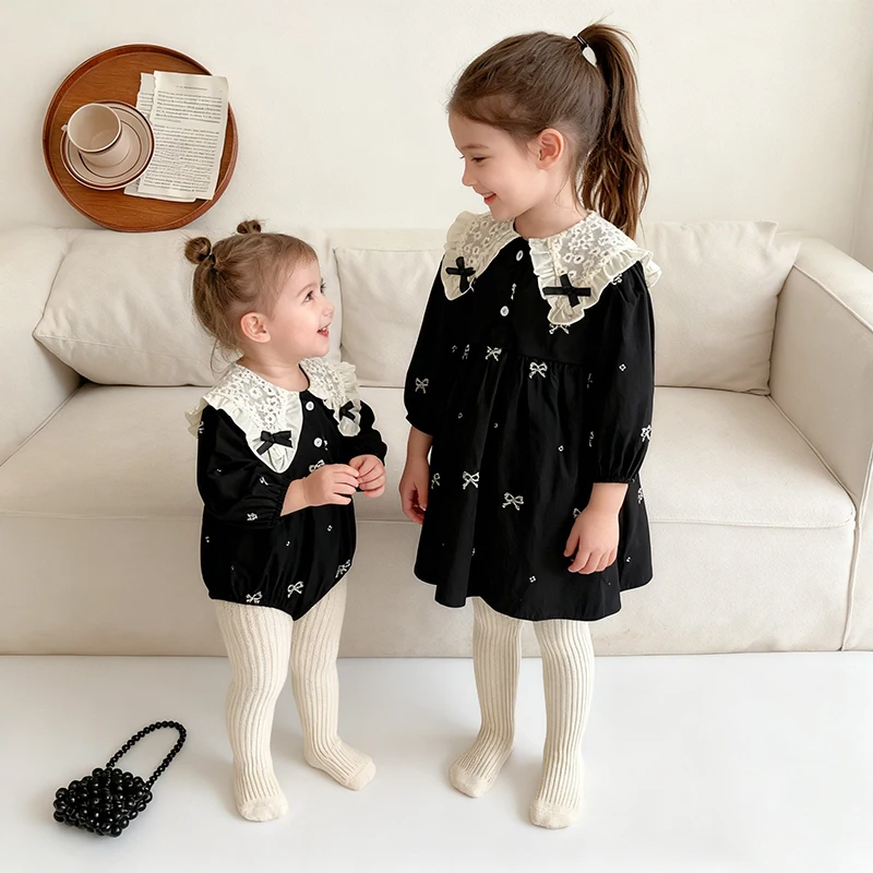 2026 New Spring Kids Sister Dress Baby Girl Print Dress 0-24M Baby Girl Party Romper 2-6Y Long Sleeved Cotton Embroidery Dress