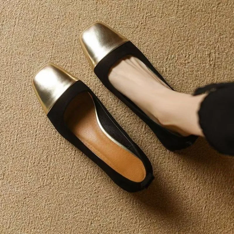 2026 All-Season New Women's French Square Toe Shallow-Cut Low Heel Shoes - Gold Metal Toe, Versatile Commuter Elegant Flats view 2