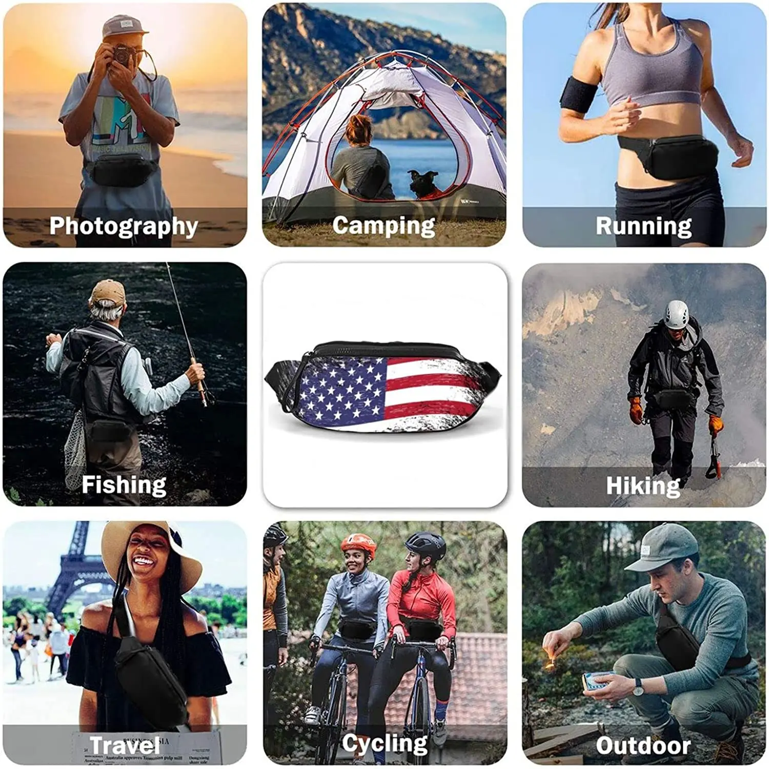 American Flag Casual Fanny Waist Pack for Men Women Adjustable Belt Waist Bag for Traveling Hiking Cycling Running Festival