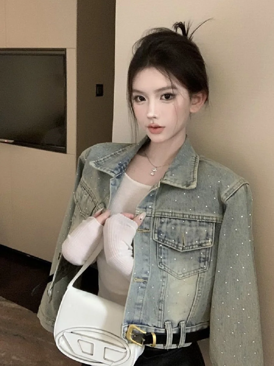 

Heavy Industry Diamond Inlay Long Sleeve Denim Jacket Women Spring Autumn Sweet Cool Retro Short Fashion Niche Design Jacket Top