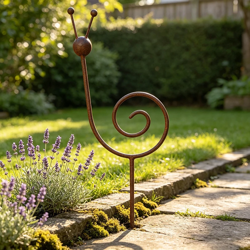 Rostiger Metall-Schnecken-Gartenstecker: Eisenkunst-Rasenornament für den Außenbereich, Terrasse und Garten – Dekorativer Einstecker – Detail 3